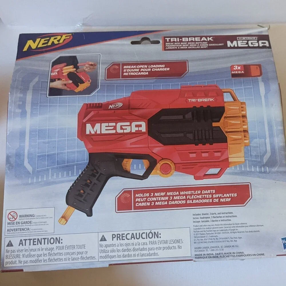 NWT NERF Tri-Break Mega Blaster Gun + 3 Foam Darts Hasbro New on Package Age 8+